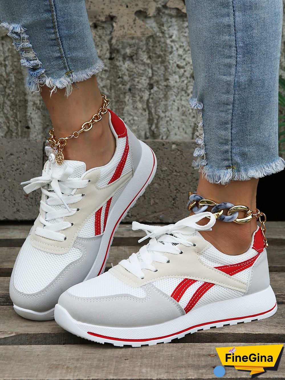 Color Block Sports All Season Split Joint Flat Heel Round Toe Fabric Fabric Lace-Up Sneakers for Women