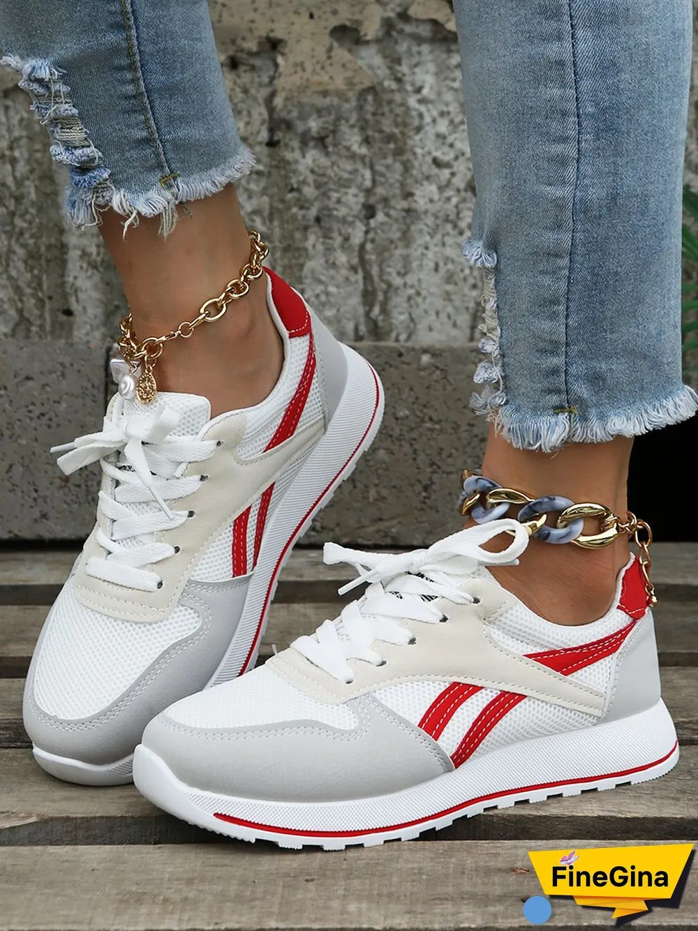 Color Block Sports All Season Split Joint Flat Heel Round Toe Fabric Fabric Lace-Up Sneakers for Women