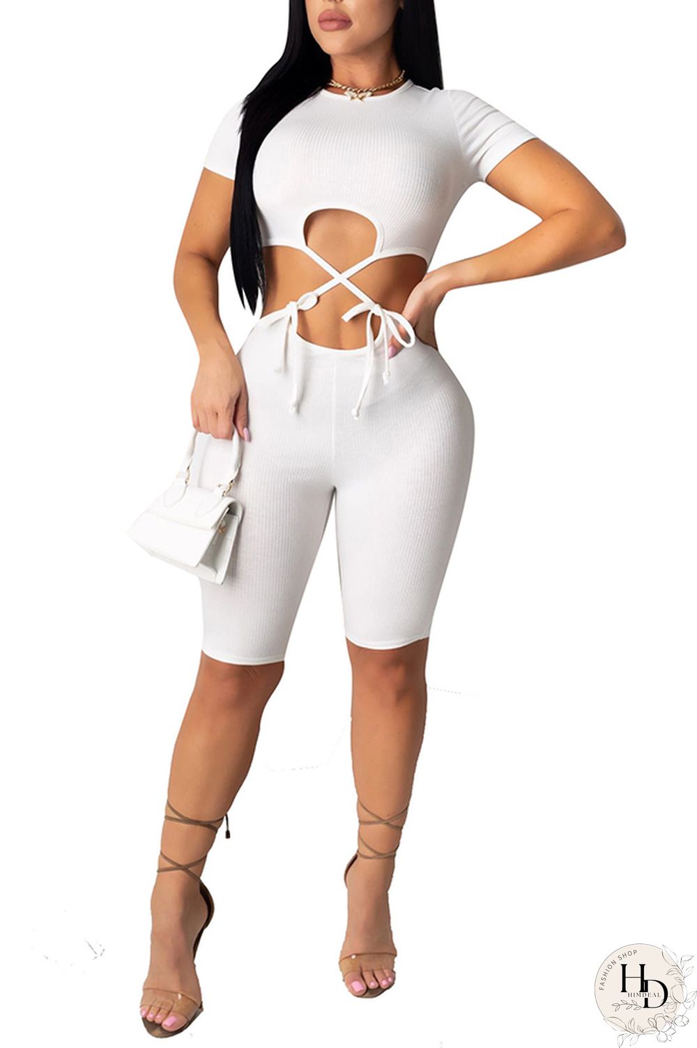 Black Fashion Sexy Patchwork bandage Hollow Solid Polyester Short Sleeve O Neck Jumpsuits