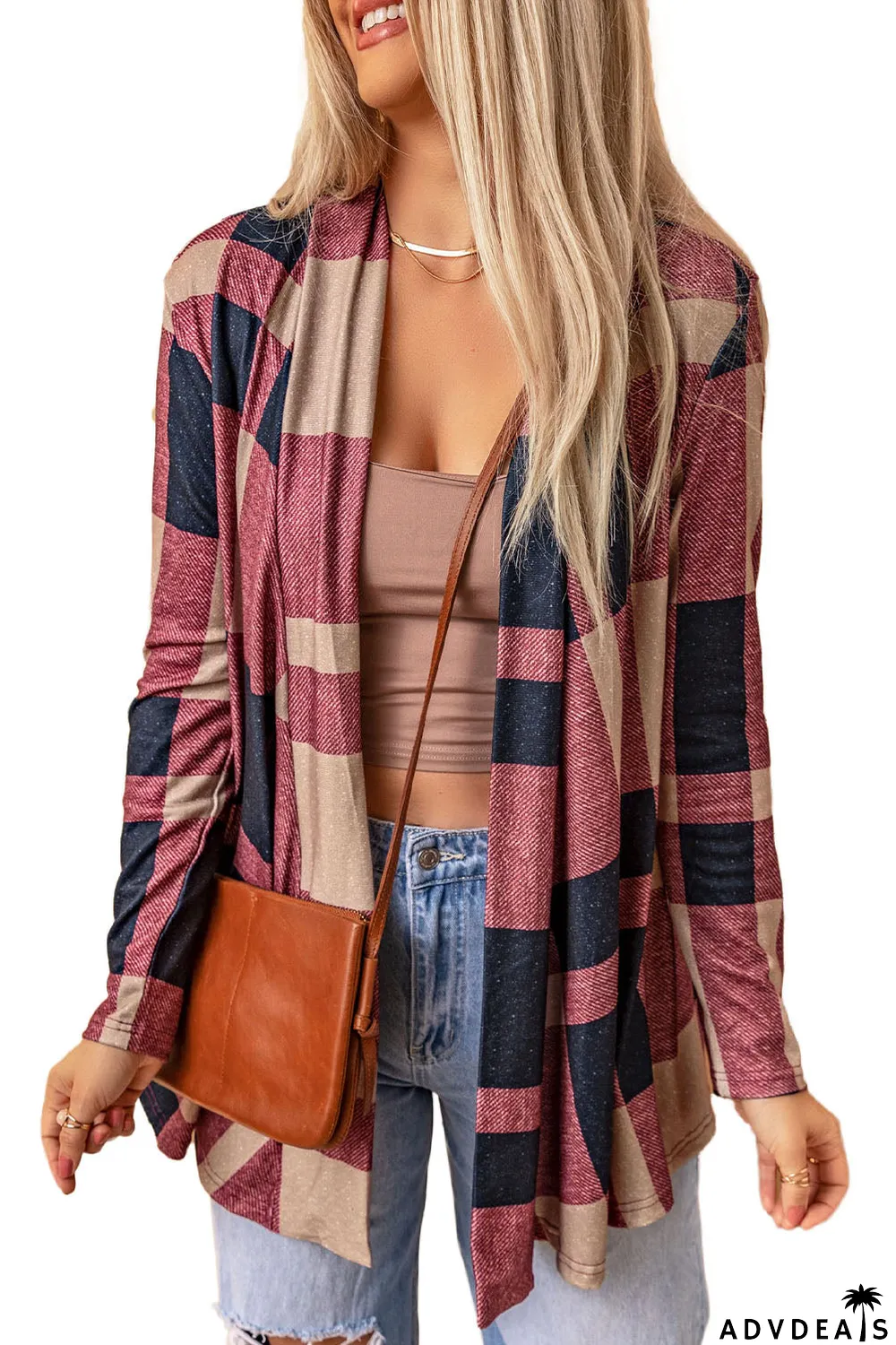 Draped Open Front Plaid Cardigan