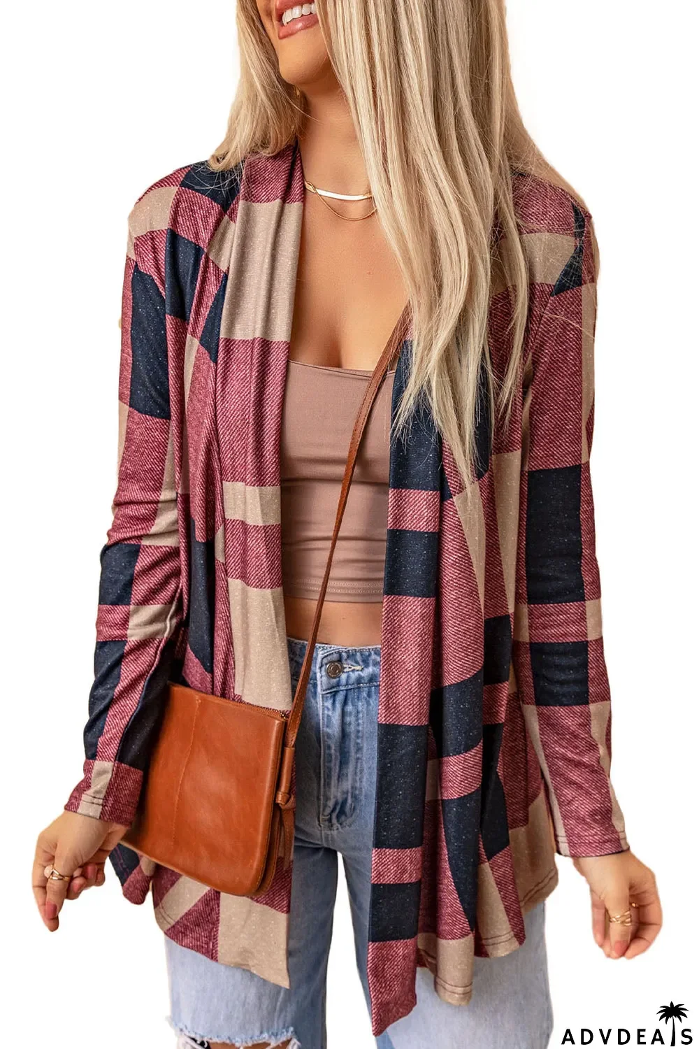 Draped Open Front Plaid Cardigan