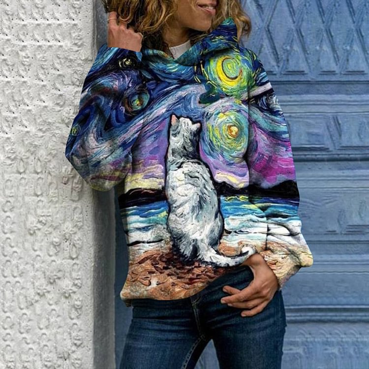 Vefave Casual Oil Painting Cartoon Cat Hoodie