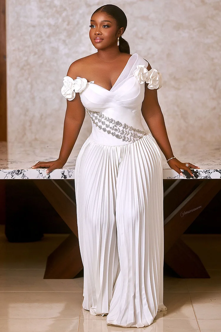 Rosette Asymmetric Rhinestone Pleated Wide Leg Jumpsuit-White [Pre Order]