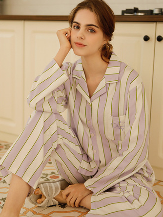 Simple Striped Shawl Collar Cotton Long Sleeve Pajama Set