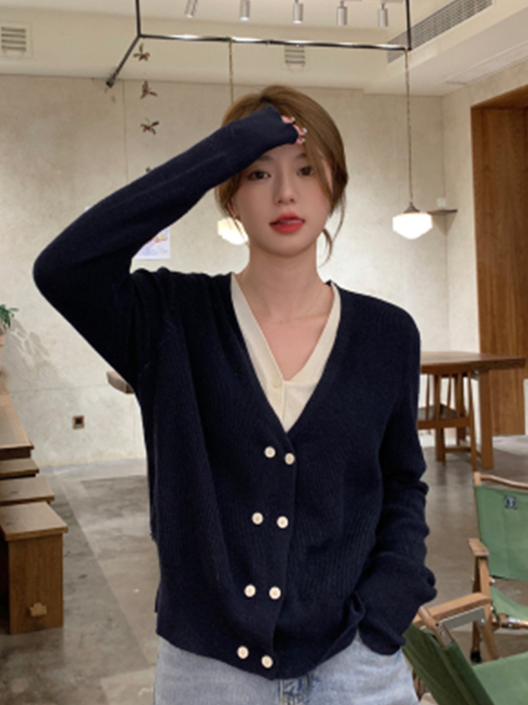 Women Basic Patchwork Cardigan V-Neck Sweater Autumn 90s Gyaru Long Sleeve Double Breasted Knitted Fashion Pullover New Design