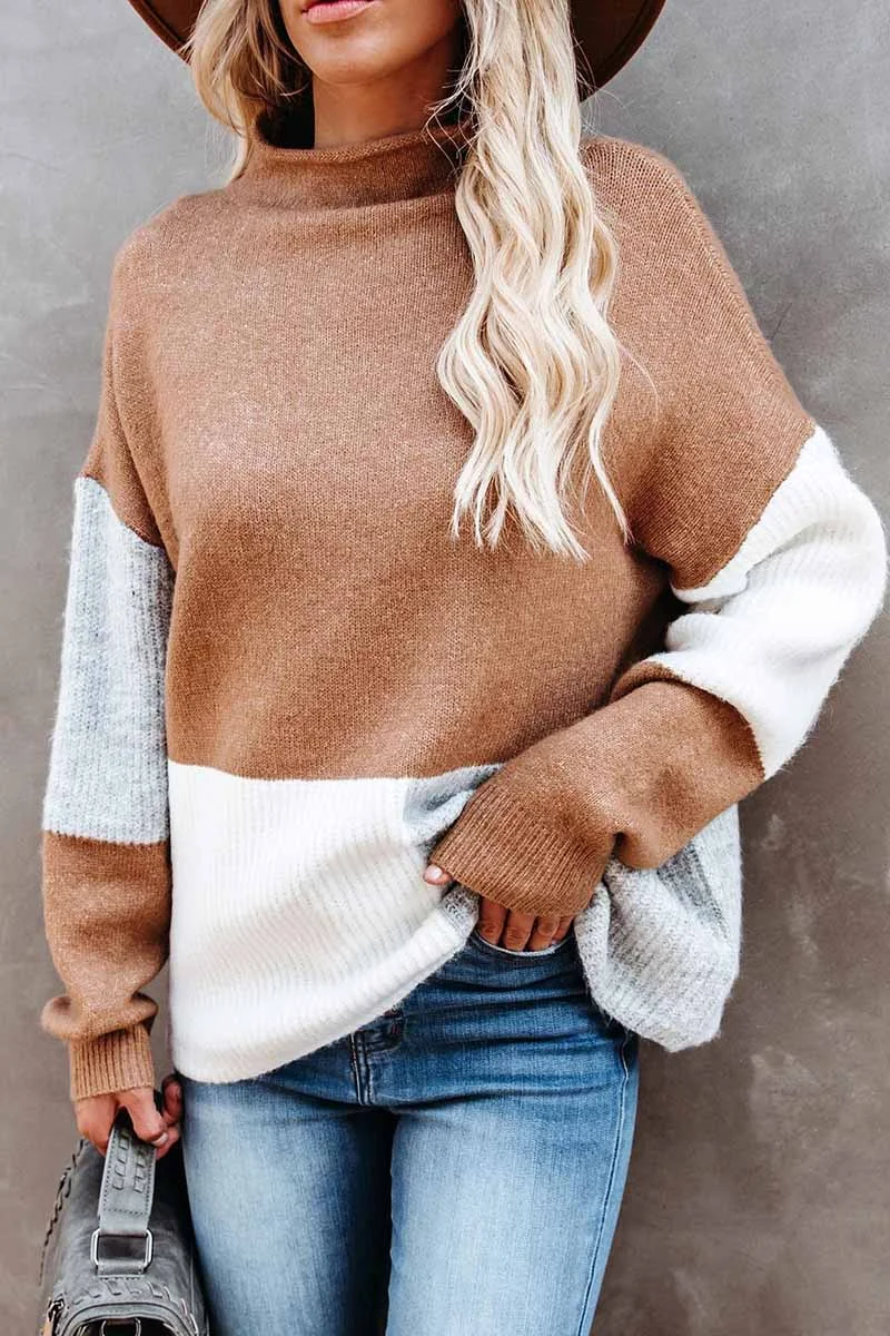 Leisure Contrasting Color High Neck Knitted Sweater