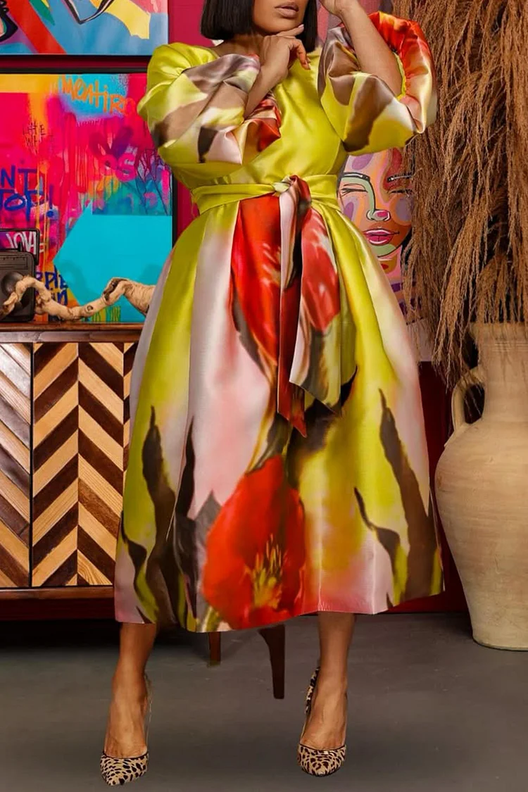 Plus Size Semi Formal Green Floral Round Neck 3/4 Sleeve Wrap Satin Midi Dresses [Pre-Order] 2024 - Xpluswear