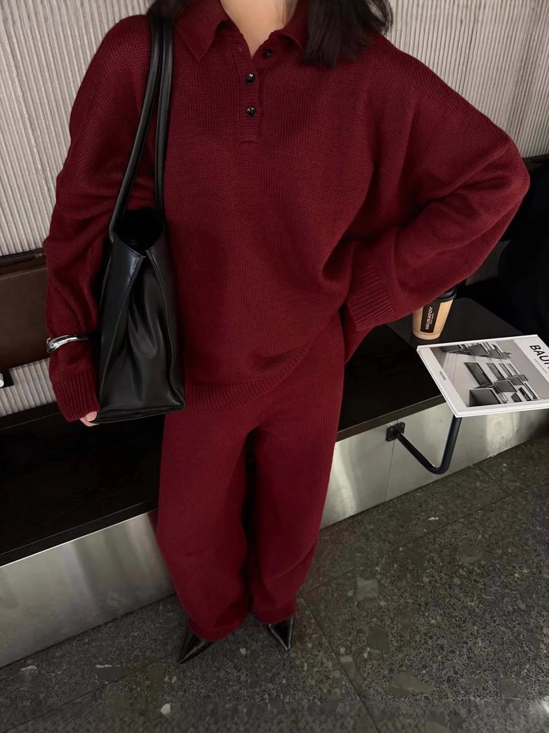 Athvotar Athvotar And Winter Solid-Color Lap-Over Sweater Set Women's Loose Knit Polo Collar Sweater Broad Leg Pants Two-Set