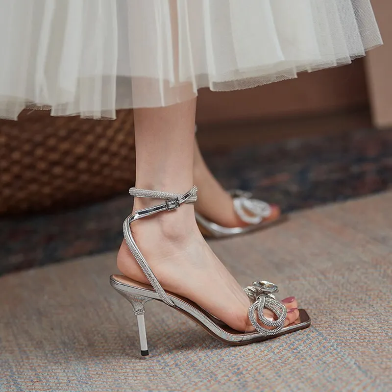 Lucyever Big Rhinestone Bowtie High Heels Sandals Women Elegant Diamond Strap Silver Pumps Woman Square Toe Thin Heels Slides