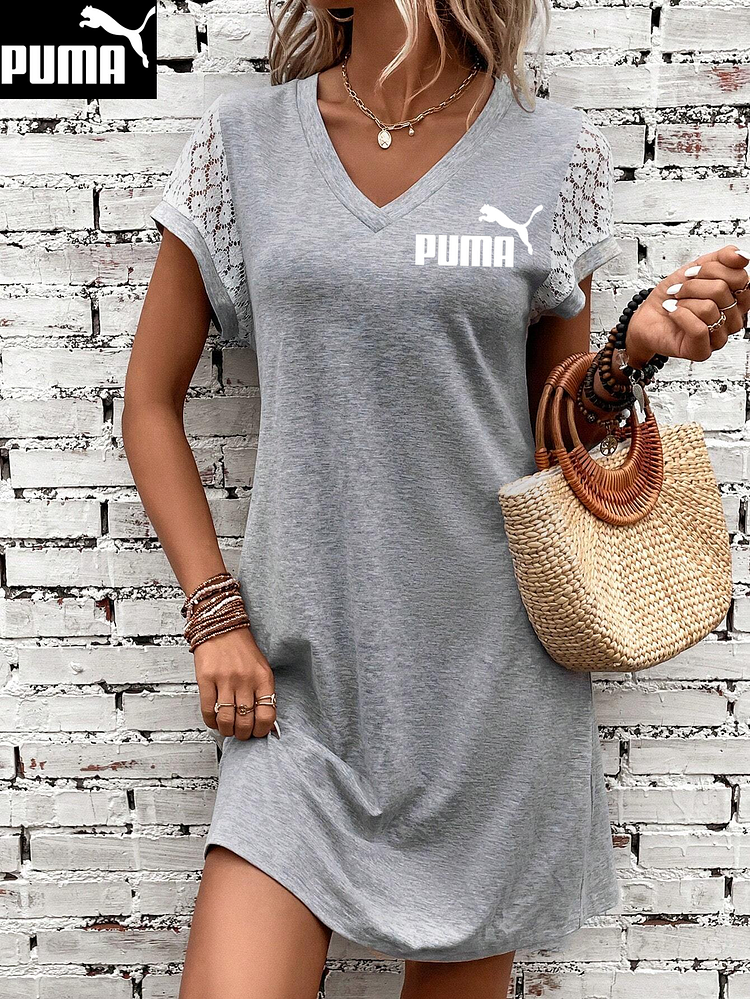 Jednobarevné krajkové patchworkové šaty PUMA® s výstřihem do V