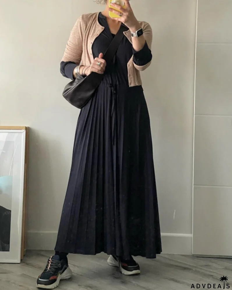 Pleated V-neck Dress in Solid Color