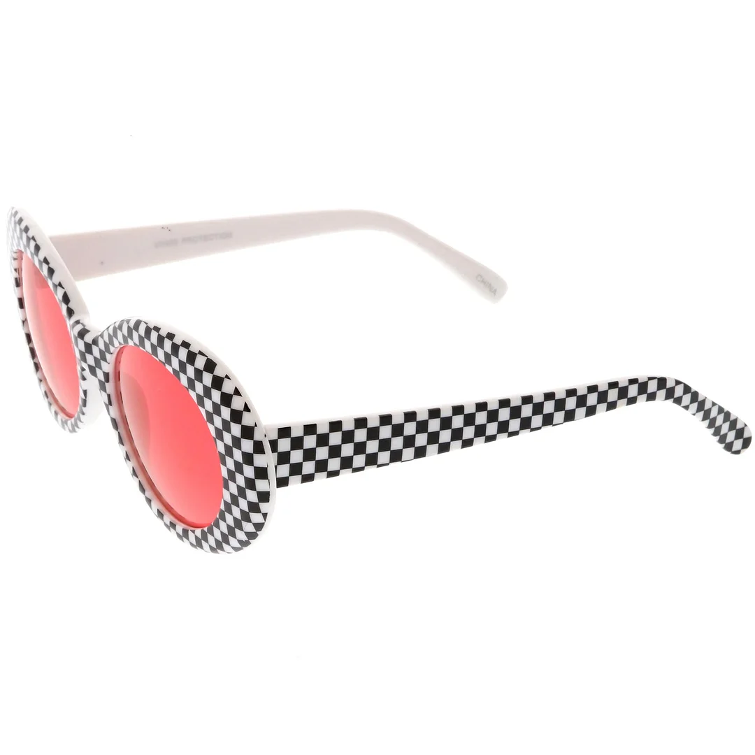 Large Retro Checkered Oval glasses Thick Frame Colored Lens Wide Arms 53mm