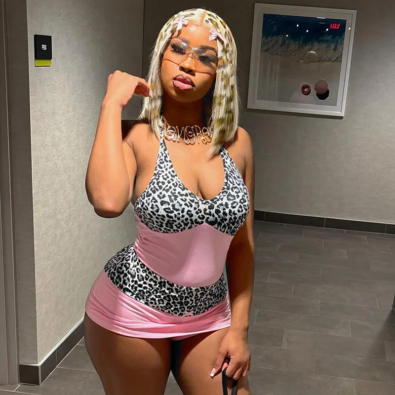 Uveng Uveng Women's Spring And Summer Tethering Neck Deep V-Neck Leopard Print Splicing Folded Bag Of Hips Dress