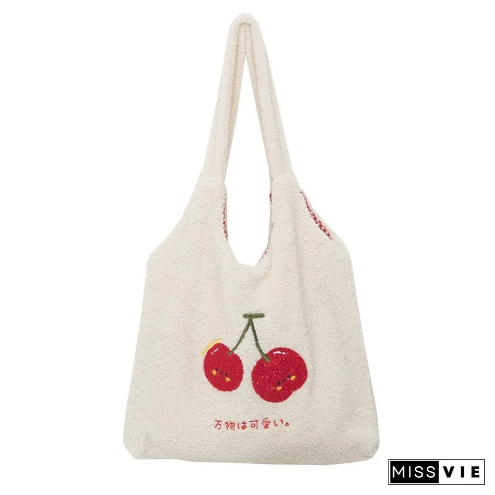 Sweet Cherry Embroidery Plush Tote Bag