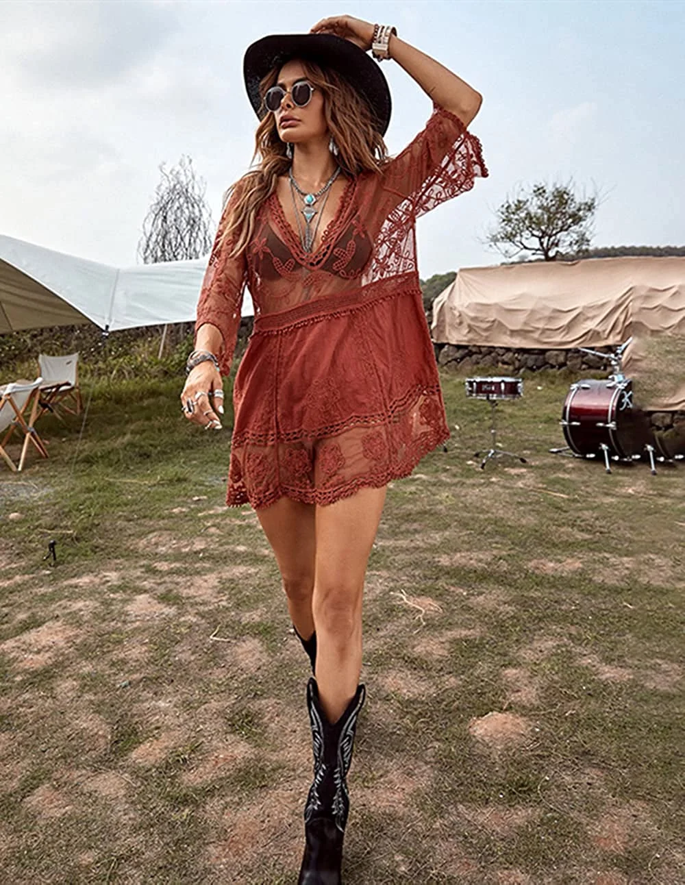 B2prity Women's Contrast Lace Bathing Suit Cover Up V-Neck Swimsuit Coverups Loose Swimwear Beach Dress Beachwear