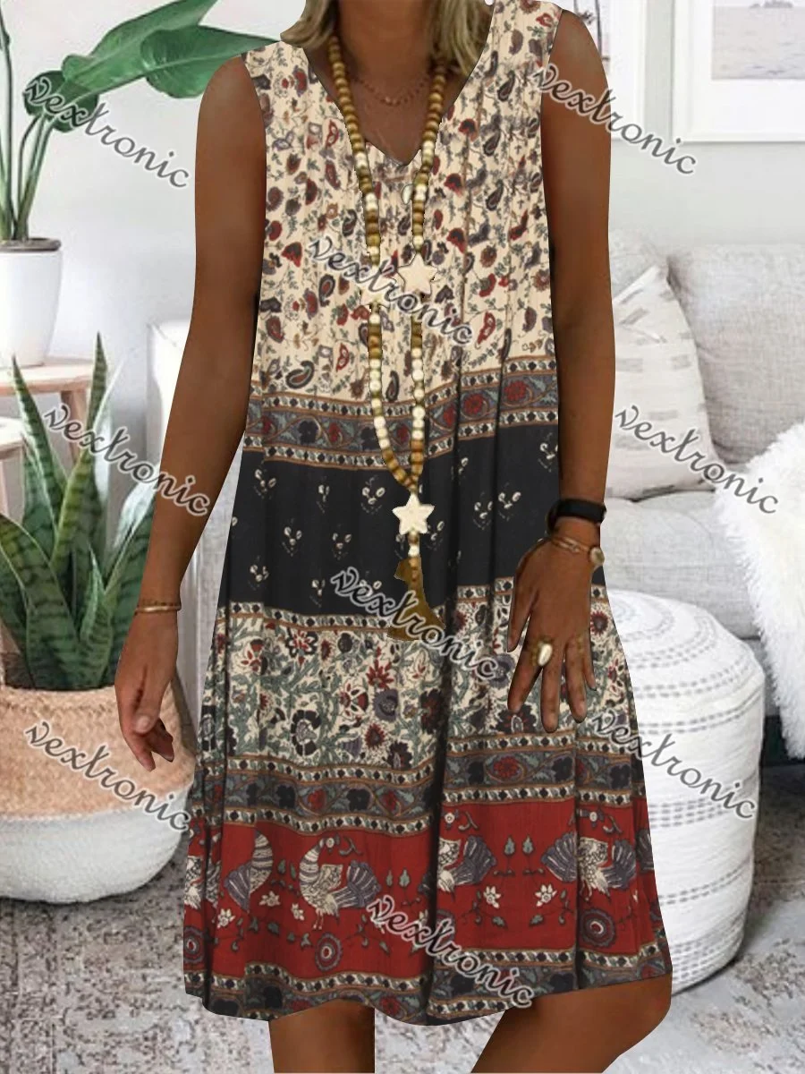 Women Brown Sleeveless V-neck Printed Midi Dress