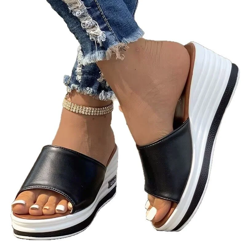 Yyvonne And Summer New Fish Mouth Slope And Slippers Women Wear Loose Cake Thick Bottom One-Word Drag Large Size Women Cold Slippers