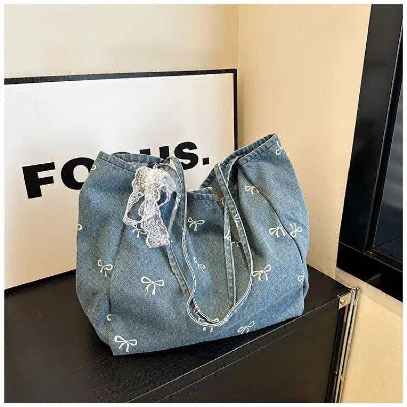 Women’s Large Denim Bow Knot Elegant Streetwear Square Open Tote Bag
