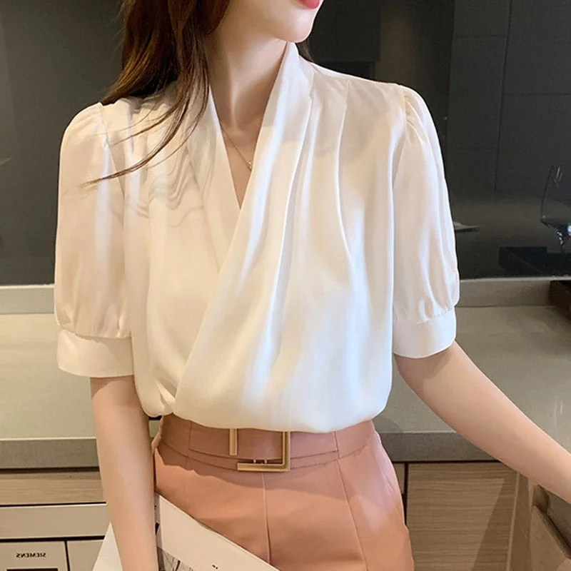 Summer Fashion V-neck Blouse Women 2021 Short Sleeve Tops Office Lady Blouse Female New Chiffon Blouses Clothes Blusas 14080