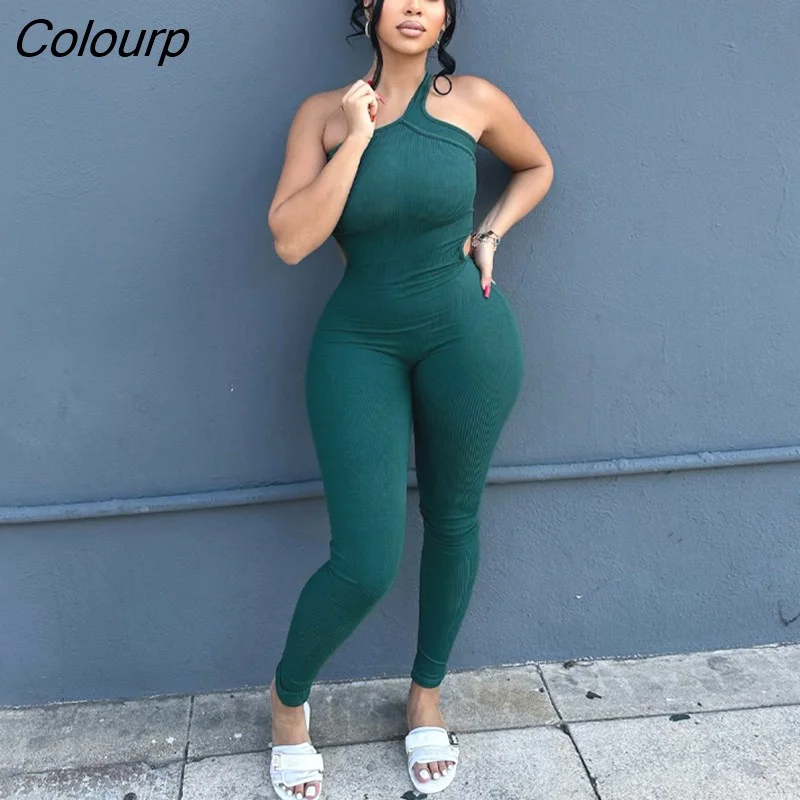 Colourp simenual Pure Color One Shoulder Straps Jumpsuit Women Fashion Casual Body-Shaping One Piece Overalls Elegant Streetwear Catsuit
