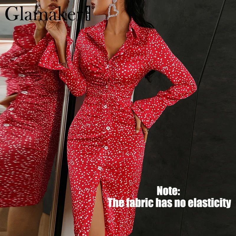 Glamaker Polka dot printed red fashion midi dress Winter autumn satin office ladies buttons 2020 new style elegant dress