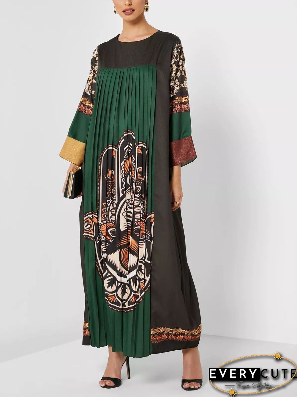 Pleated Round Neck Printed Long Sleeve Maxi Dress