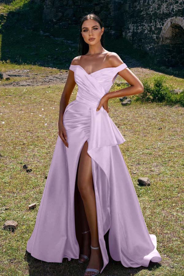 Lvs&Broner Red V Neck Off-The-Shoulder Strapless Long Mermaid Split Prom Dress With Ruffles