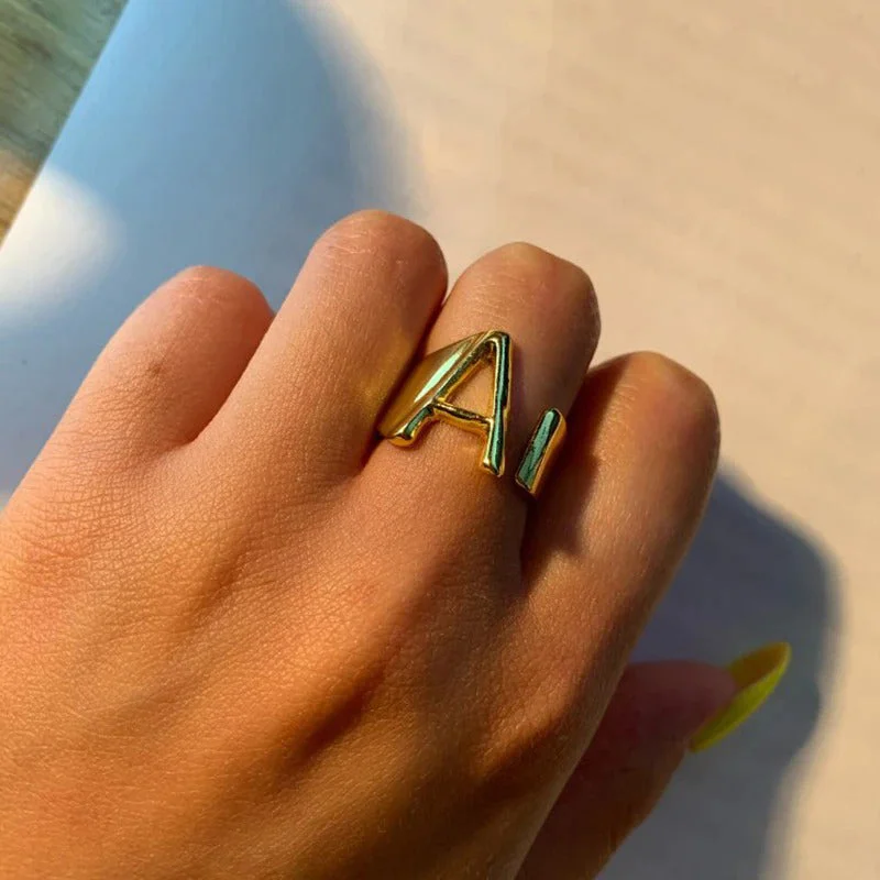 Personalized Thick and Hollow A-Z Initial Letter Adjustable Rings
