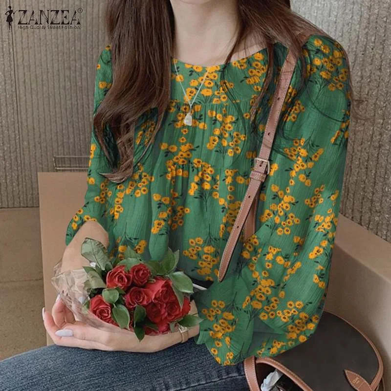 Oversized Women Autumn Blouses ZANZEA Retro Floral Tops Casual Puff Sleeve Blusas Female O Neck Tunic Bohemian Printed Chemise