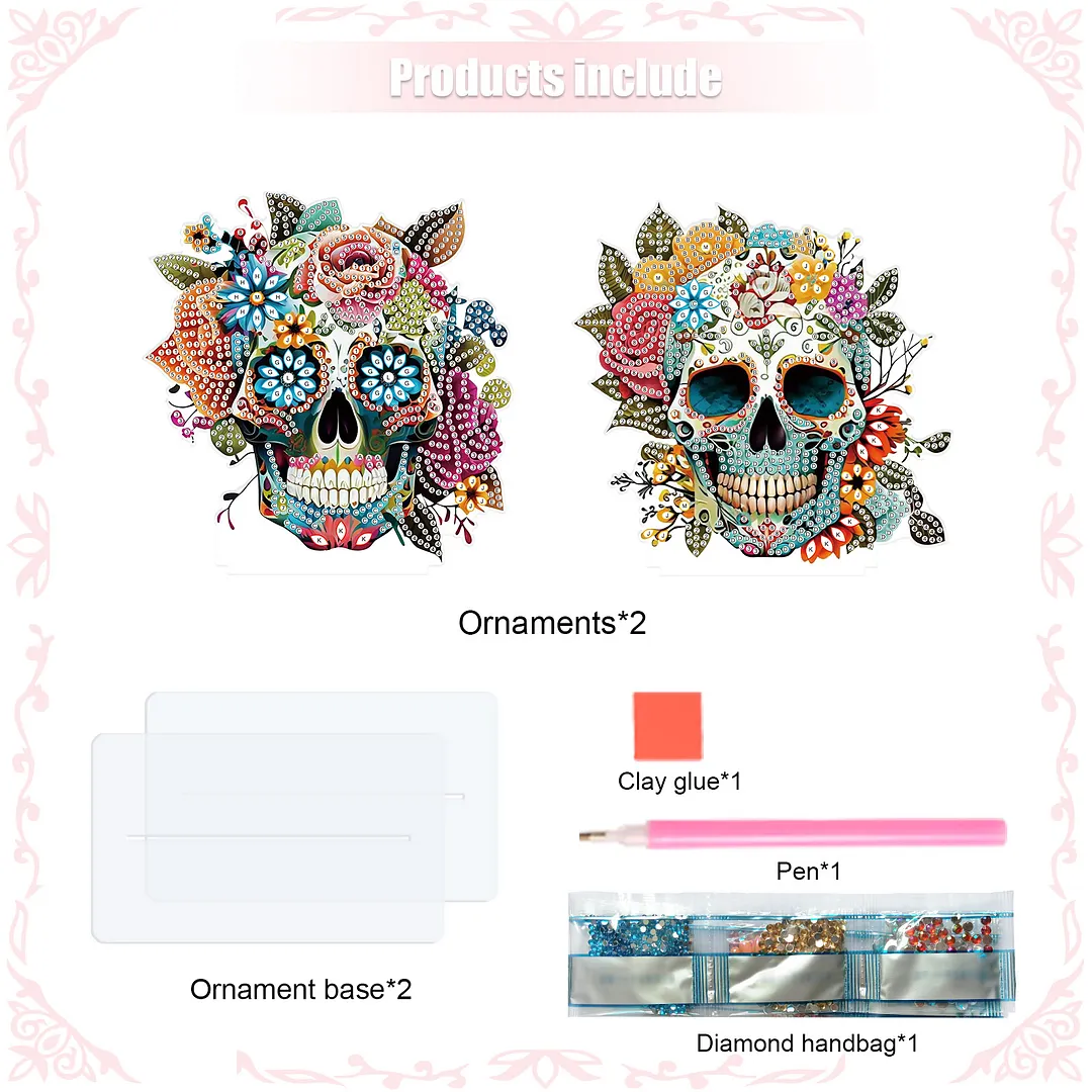 2Pcs DIY Diamond Art Tabletop Ornaments Reusable Special Gem Rhinestone Mosaic Craft Multi-Purpose Diamonds Art Suncatchers Flowers Gift for Craft Lovers (Flowers Skulls)