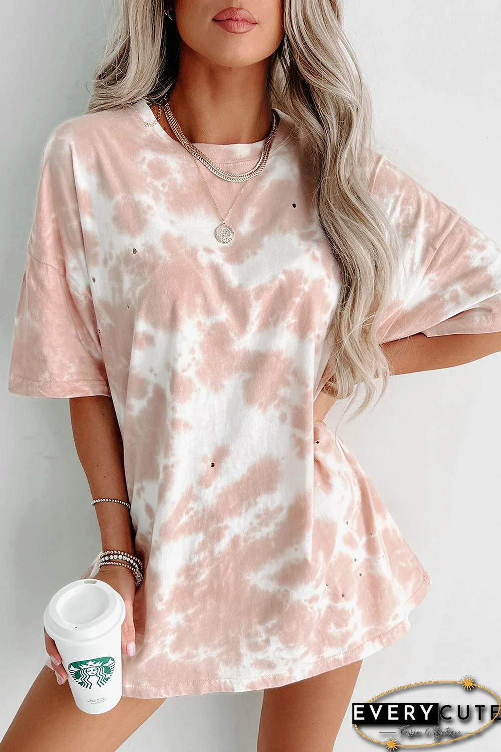Pink Tie-dye Round Neck Short Sleeve Top