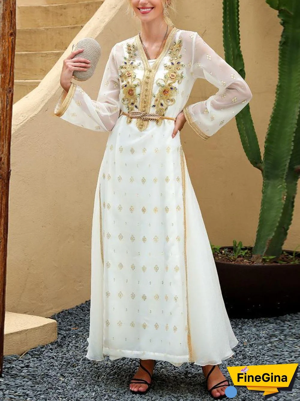 Elegant Women Long Sleeve White Thin Dress With Rhinestone
