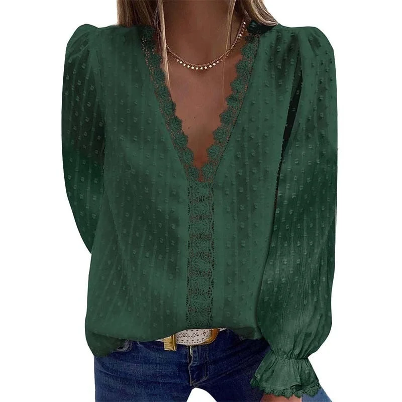 Summer Blouses Women Fashion Lace Patchwork V Neck Long Sleeve Casual Elegant Shirts Tops Office Work Plus Size Chiffon Blouse