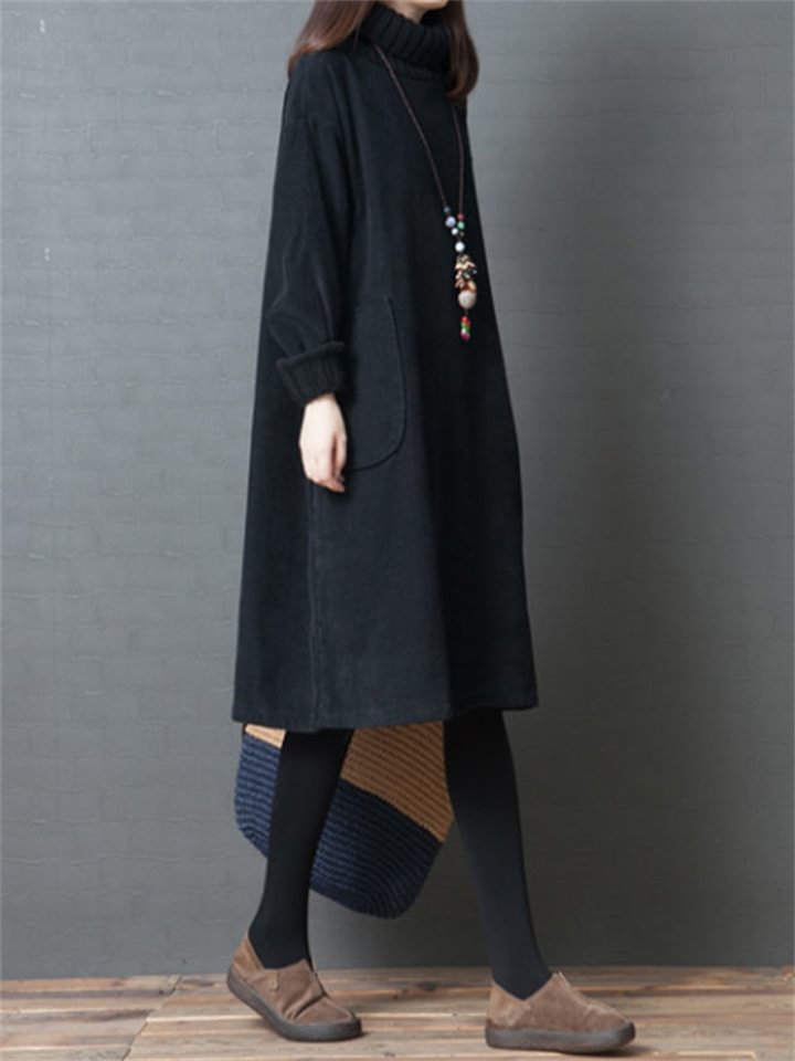 Temperament Corduroy High Neck Medium Long Loose Dress -vasmok
