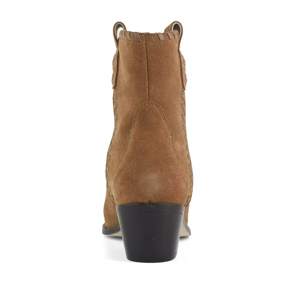 Women's Tan Pointed Toe Mid Block Heel Short Cowgirl Booties