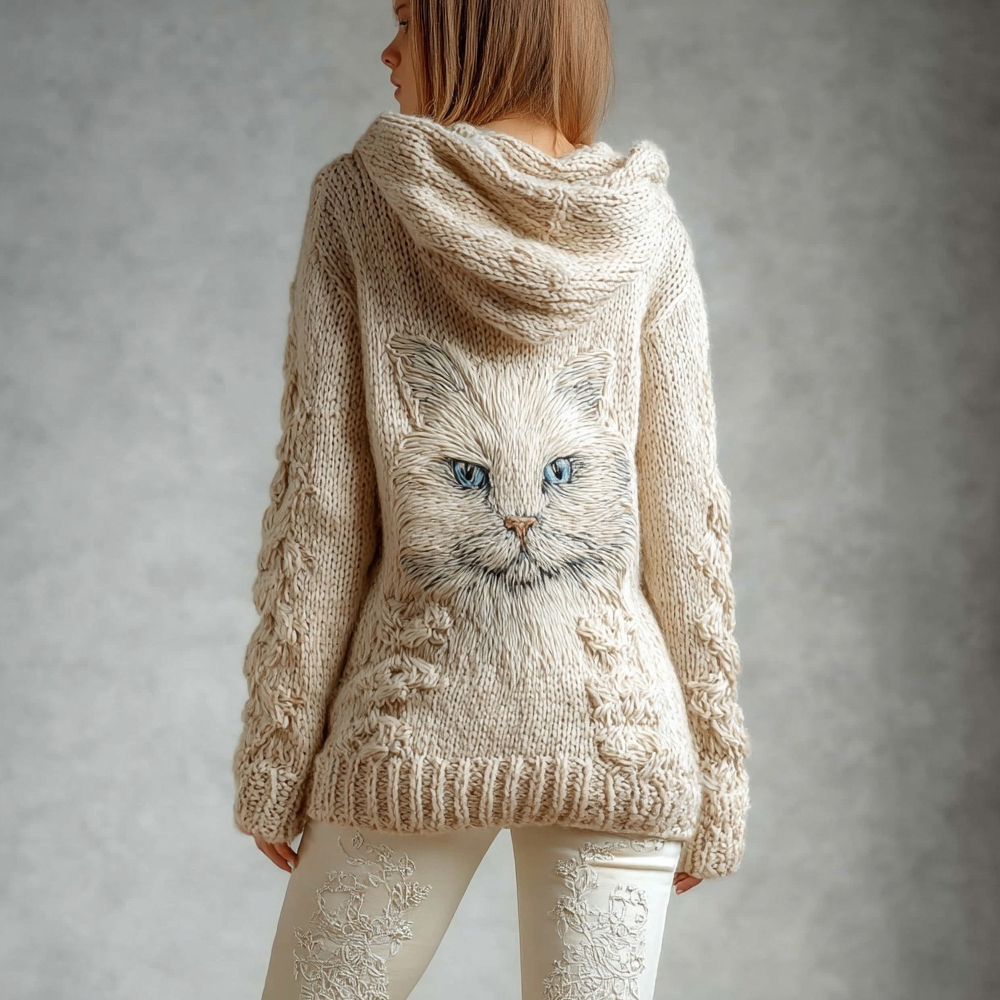 Cute Cats Embroidered Comfy Knit Hooded Cardigan