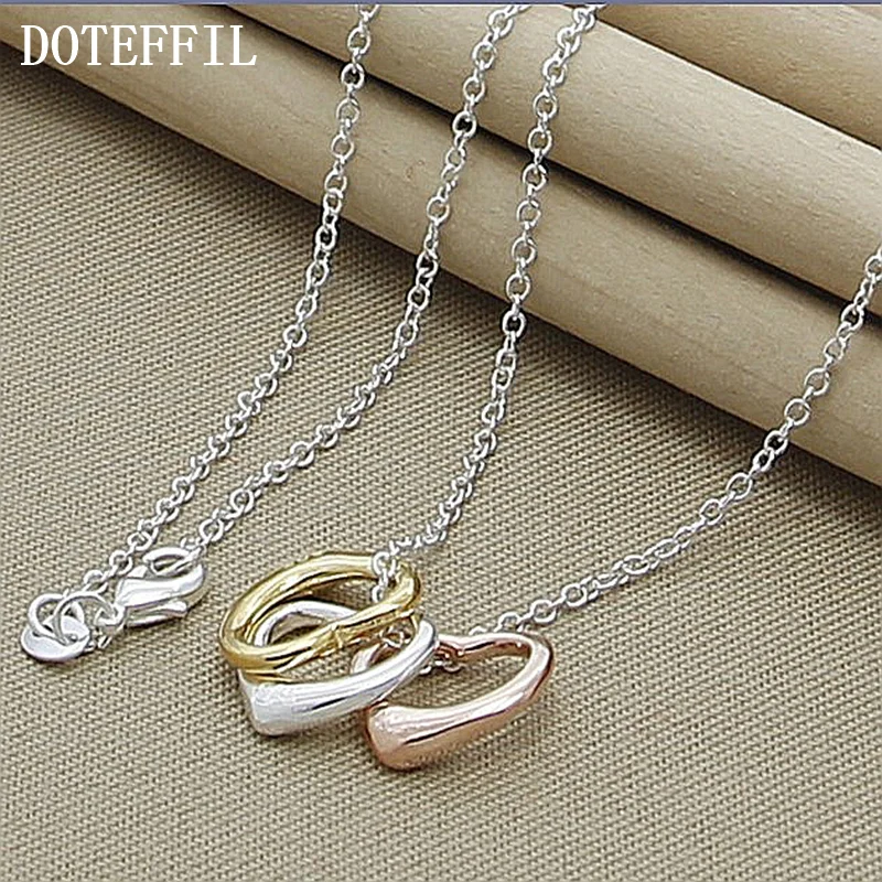 DOTEFFIL 925 Sterling Silver 18 Inch Chain Rose Gold Tricolor Heart Pendant Necklace For Women Jewelry