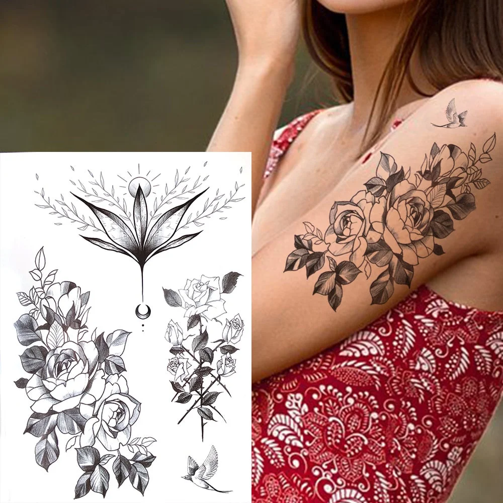Triangle Eye Temporary Tattoos For Women Girls Fake Lotus Lily Peony Flower Tattoo Sticker Black Water Transfer Tattoos Paste