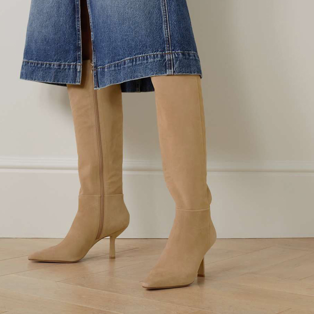 Beige Faux Suede Closed Toe Stiletto Heel Knee High Winter Boots Nicepairs
