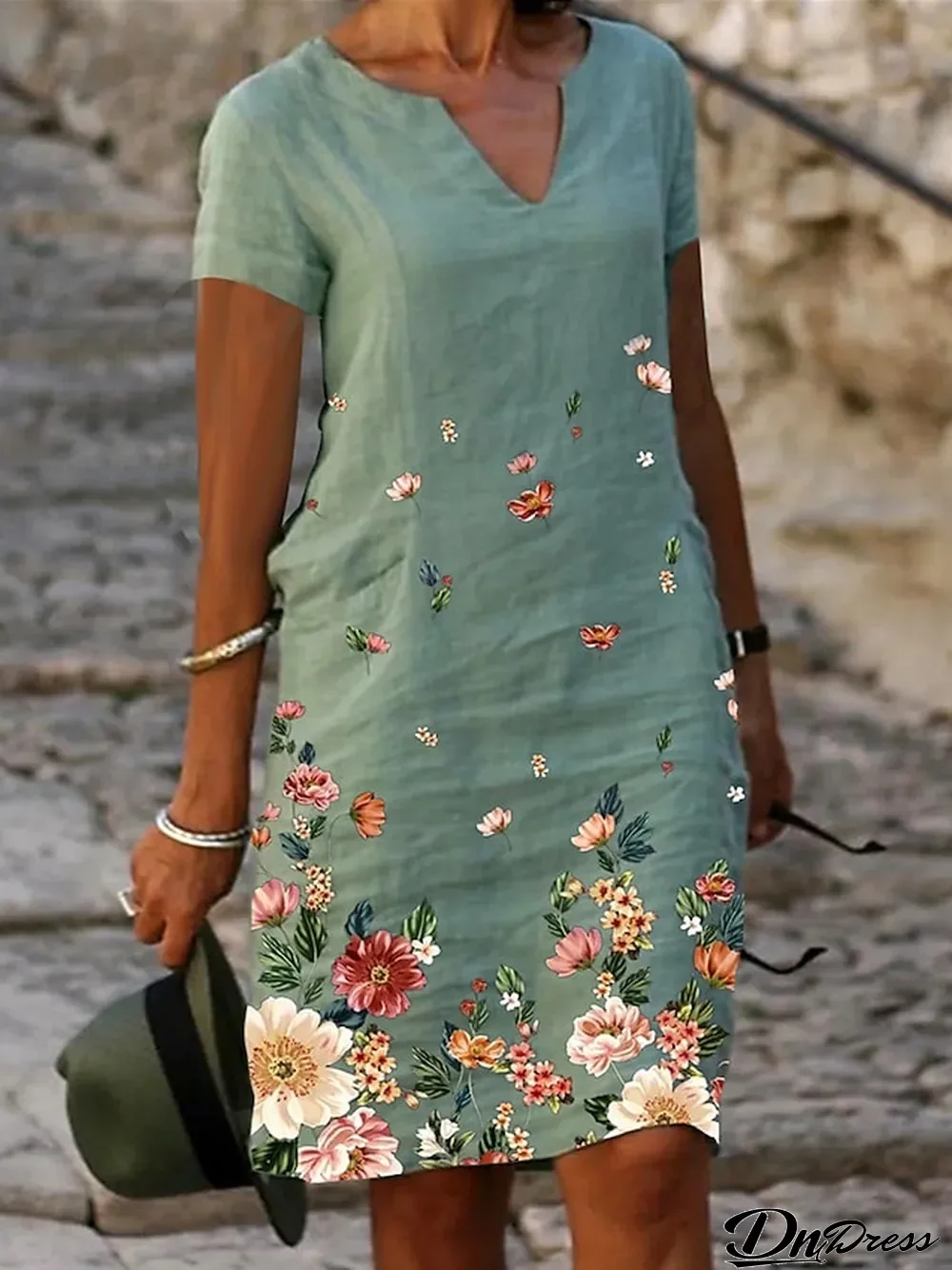 Women's Casual Dress Shift Dress Midi Dress White Green Gray Short Sleeve Flower Print Spring Summer V Neck Basic Daily Vacation Weekend S M L XL XXL XXXL