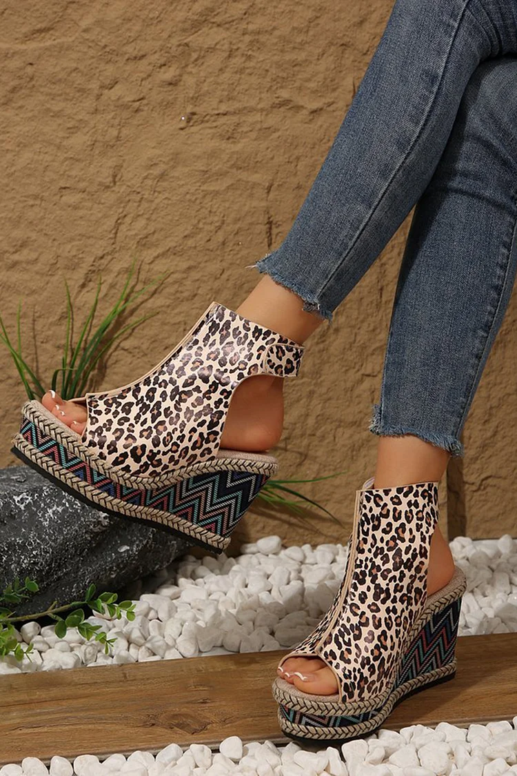 Leopard Pattern Open Toe Slingback Casual Wedge Sandals