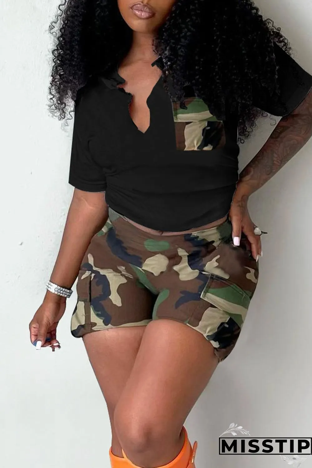 Red Casual Print Camouflage Print Patchwork V Neck Short Sleeve Two Pieces