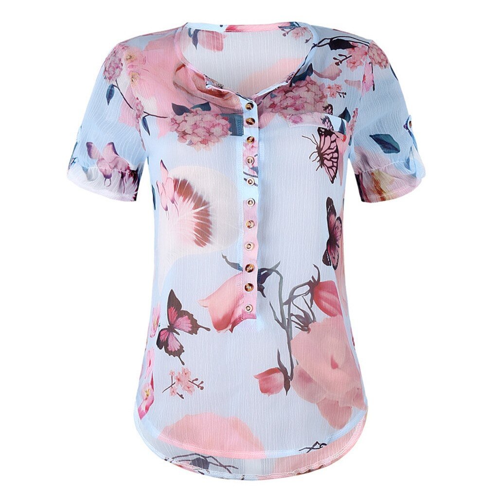 Summer 2019 Fashion Casual Button Chiffon Tops Blouse Printed Tee Top Female Womens Short Sleeve Shirt Blusas Femininas Clothing