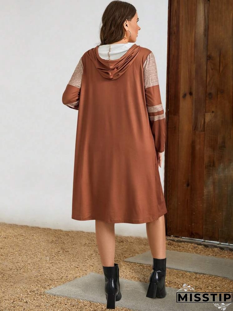 Plus Size Women Colorblock Drawstring Hooded Long Sleeve Casual Dress, Spring Autumn