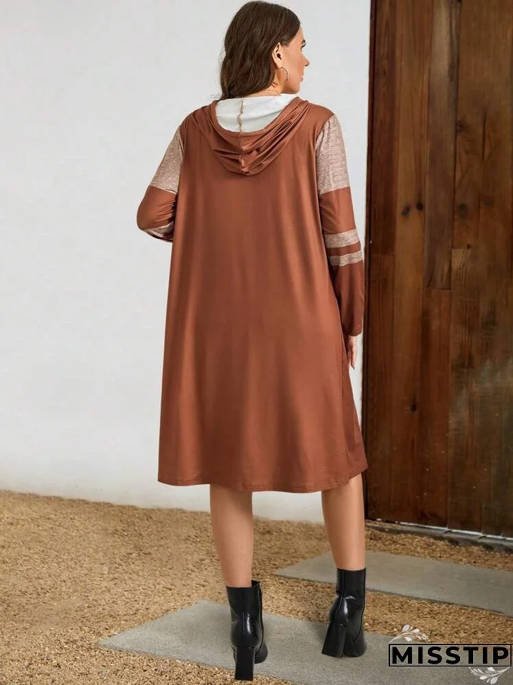 Plus Size Women Colorblock Drawstring Hooded Long Sleeve Casual Dress, Spring Autumn