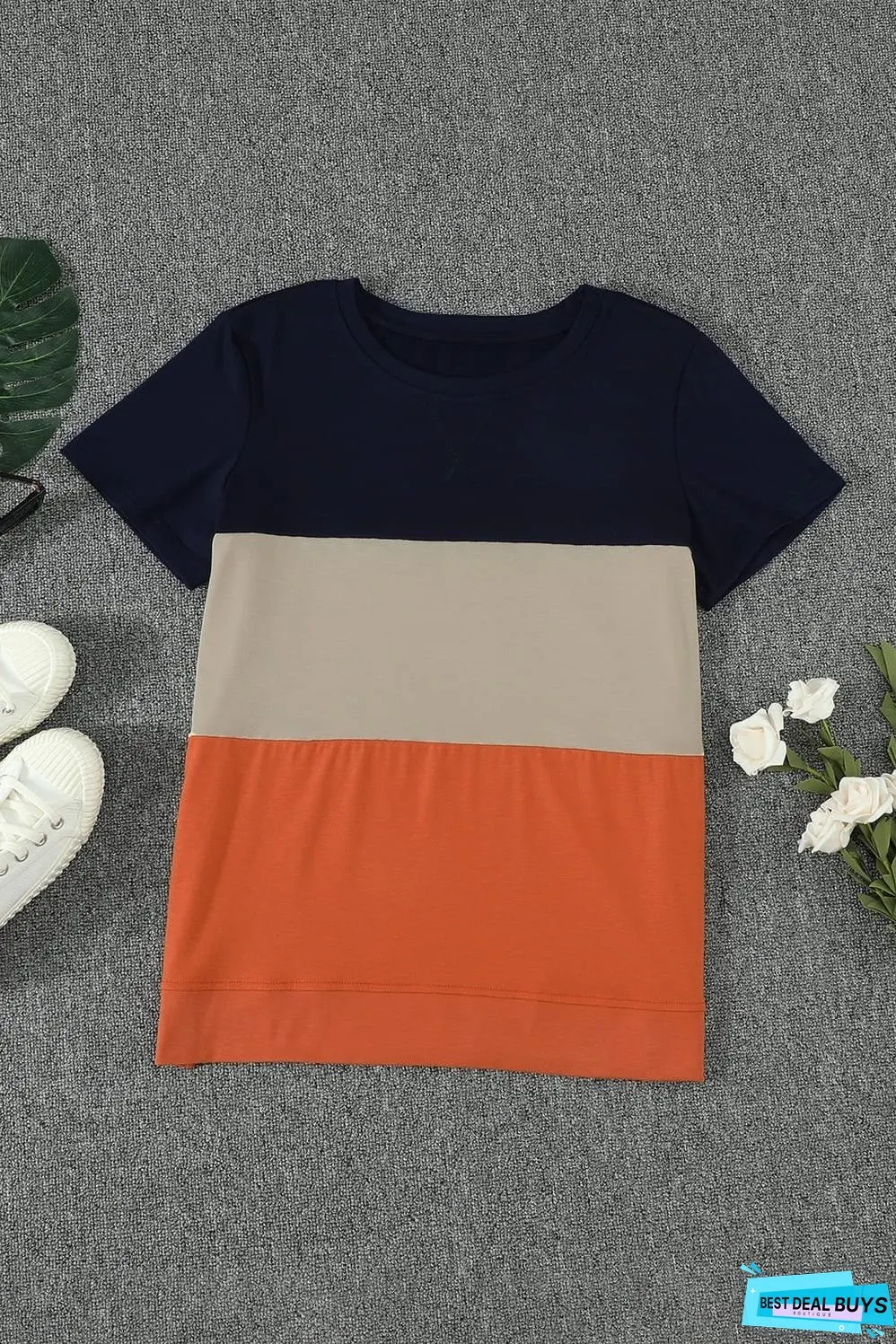 Women's Orange Contrast Colorblock Short Sleeve Casual T-shirt