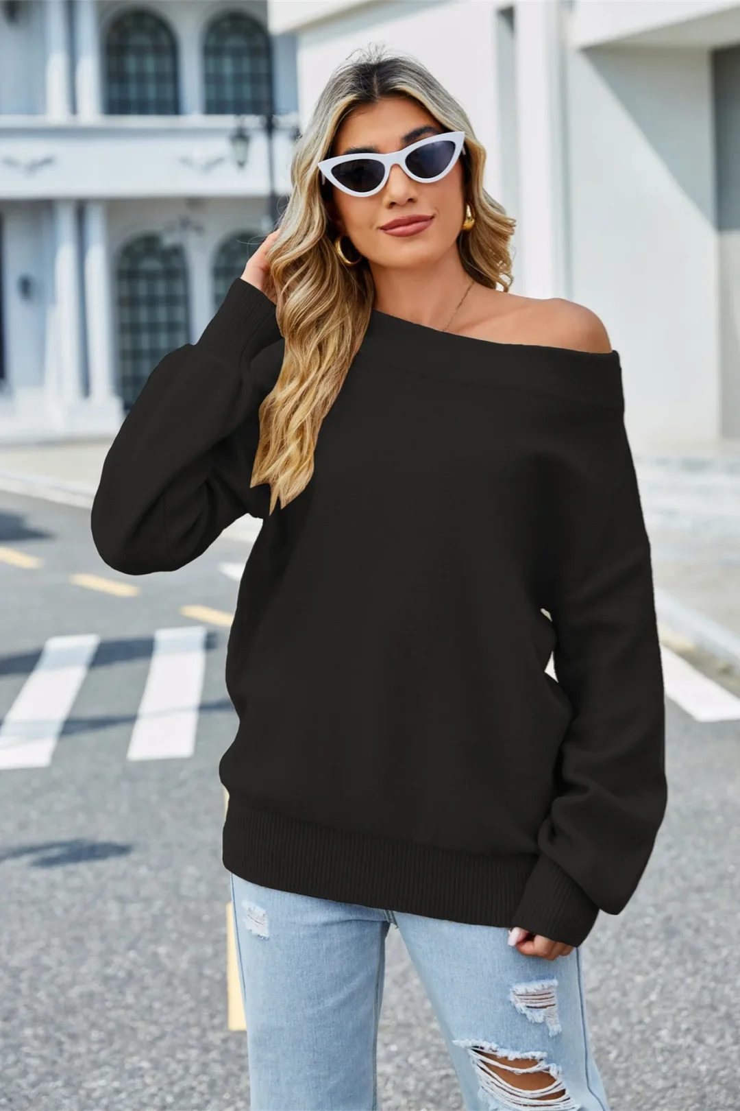 Strapless round neck knit solid color loose sweater