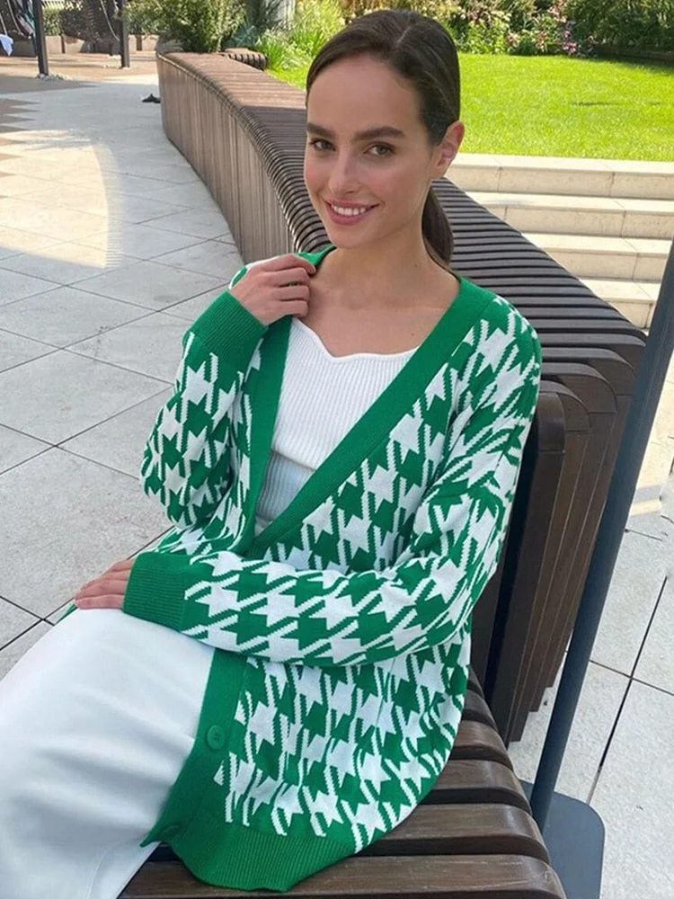 Gitana Y2K Houndstooth Knitted Oversized Cardigan Sweater 2022 Autumn Winter Vintage Sweater Jumper Casual Cardigan Women Coats