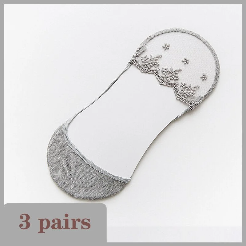 Lace Socks Women Summer Breathable High Heel Invisible Boat Socks Ankle Low Cut Sock Solid Embroidered Female Sox 3 Pairs