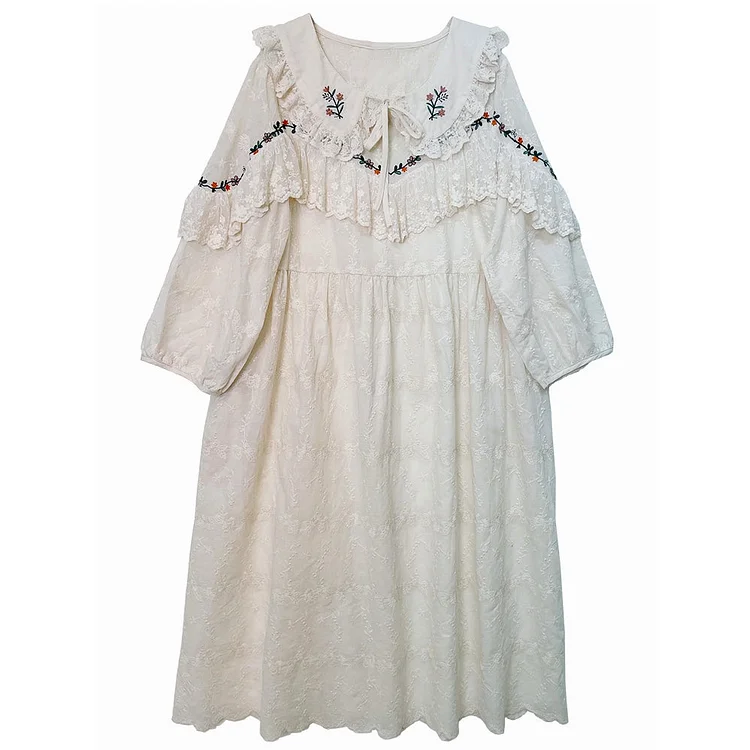 Queenfunky cottagecore style Embroidered Lace Trim Dress QueenFunky